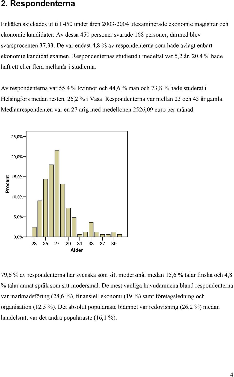 Respondenternas studietid i medeltal var 5,2 år. 20,4 % hade haft ett eller flera mellanår i studierna.