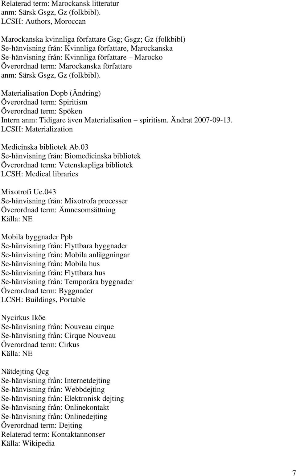 term: Marockanska författare anm: Särsk Gsgz, Gz (folkbibl). Materialisation Dopb (Ändring) Överordnad term: Spiritism Överordnad term: Spöken Intern anm: Tidigare även Materialisation spiritism.