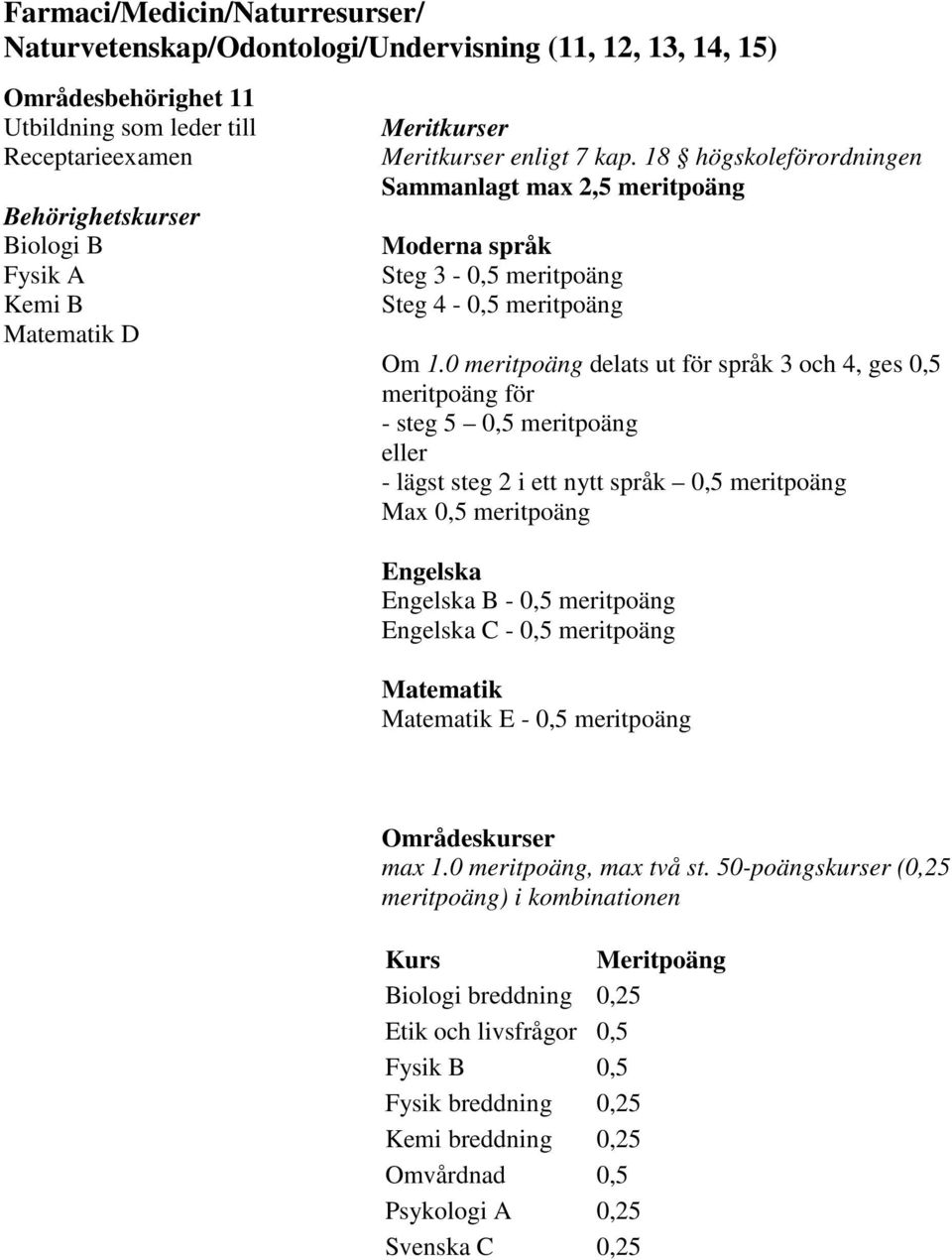 18 högskoleförordningen B - 0,5 meritpoäng C - 0,5 meritpoäng E - 0,5 meritpoäng Biologi