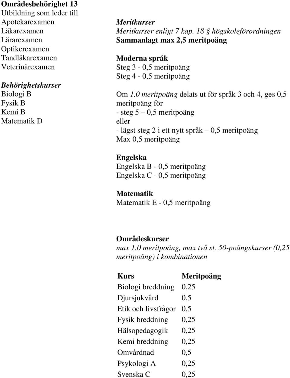 18 högskoleförordningen B - 0,5 meritpoäng C - 0,5 meritpoäng E - 0,5 meritpoäng Biologi