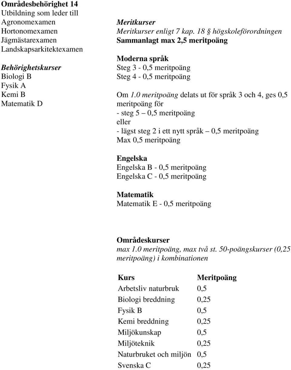 18 högskoleförordningen B - 0,5 meritpoäng C - 0,5 meritpoäng E - 0,5 meritpoäng