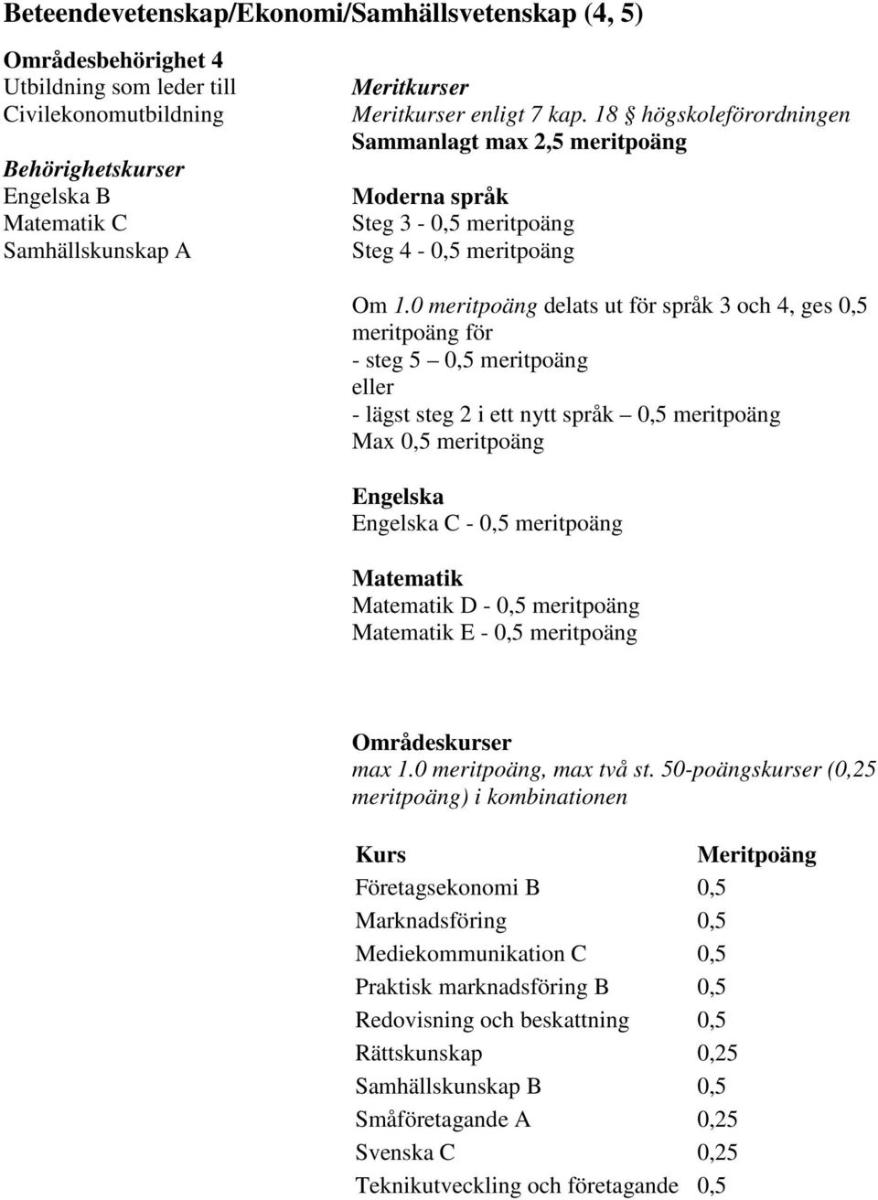 18 högskoleförordningen C - 0,5 meritpoäng D - 0,5 meritpoäng E - 0,5 meritpoäng Företagsekonomi B 0,5