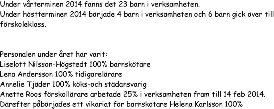 Personalen under året har varit: Liselott Nilsson-Högstedt 100% barnskötare Lena Andersson 100% tidigarelärare