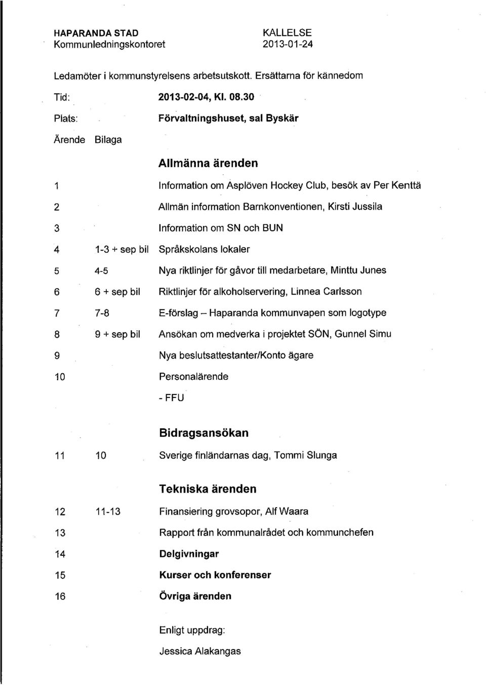 och BUN 4 1-3 + sep bil Språkskolans lokaler 5 4-5 Nya riktlinjer för gåvor till medarbetare, Minttu Junes 6 6 + sep bil Riktlinjer för alkoholservering, Linnea Carlsson 7 7-8 E-förslag -Haparanda