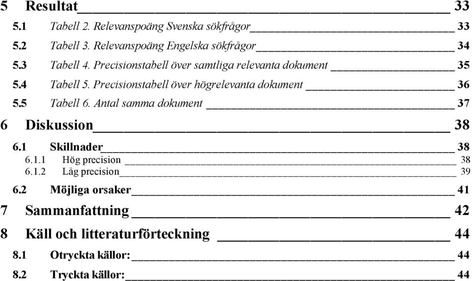 Precisionstabell över högrelevanta dokument 36 5.5 Tabell 6. Antal samma dokument 37 6 Diskussion 38 6.1 Skillnader 38 6.