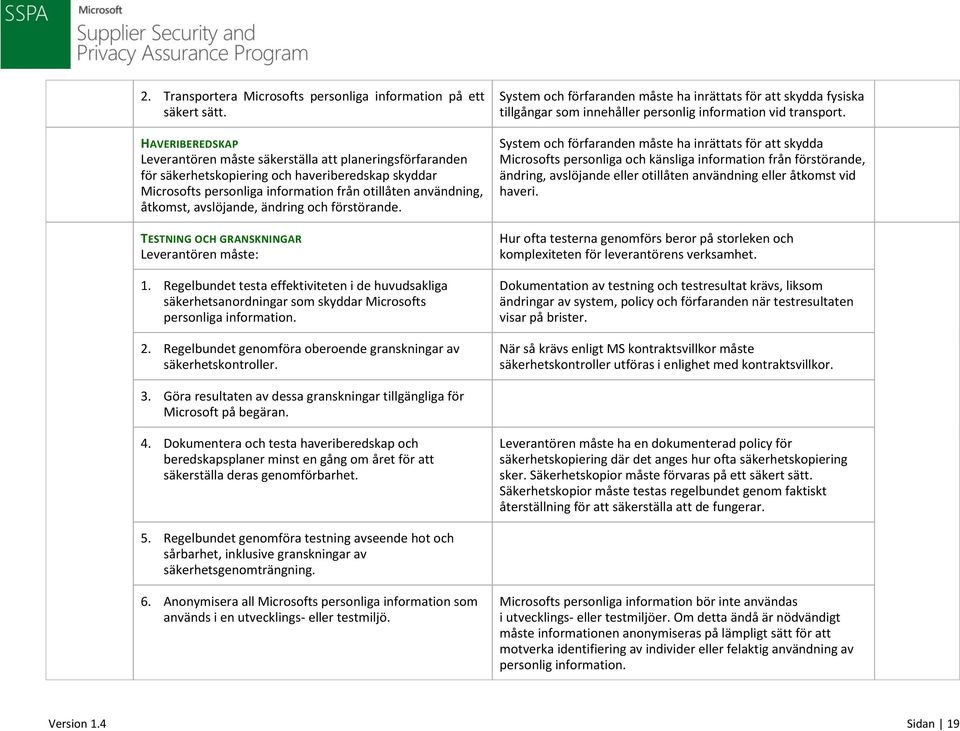 avslöjande, ändring och förstörande. TESTNING OCH GRANSKNINGAR Leverantören måste: 1.