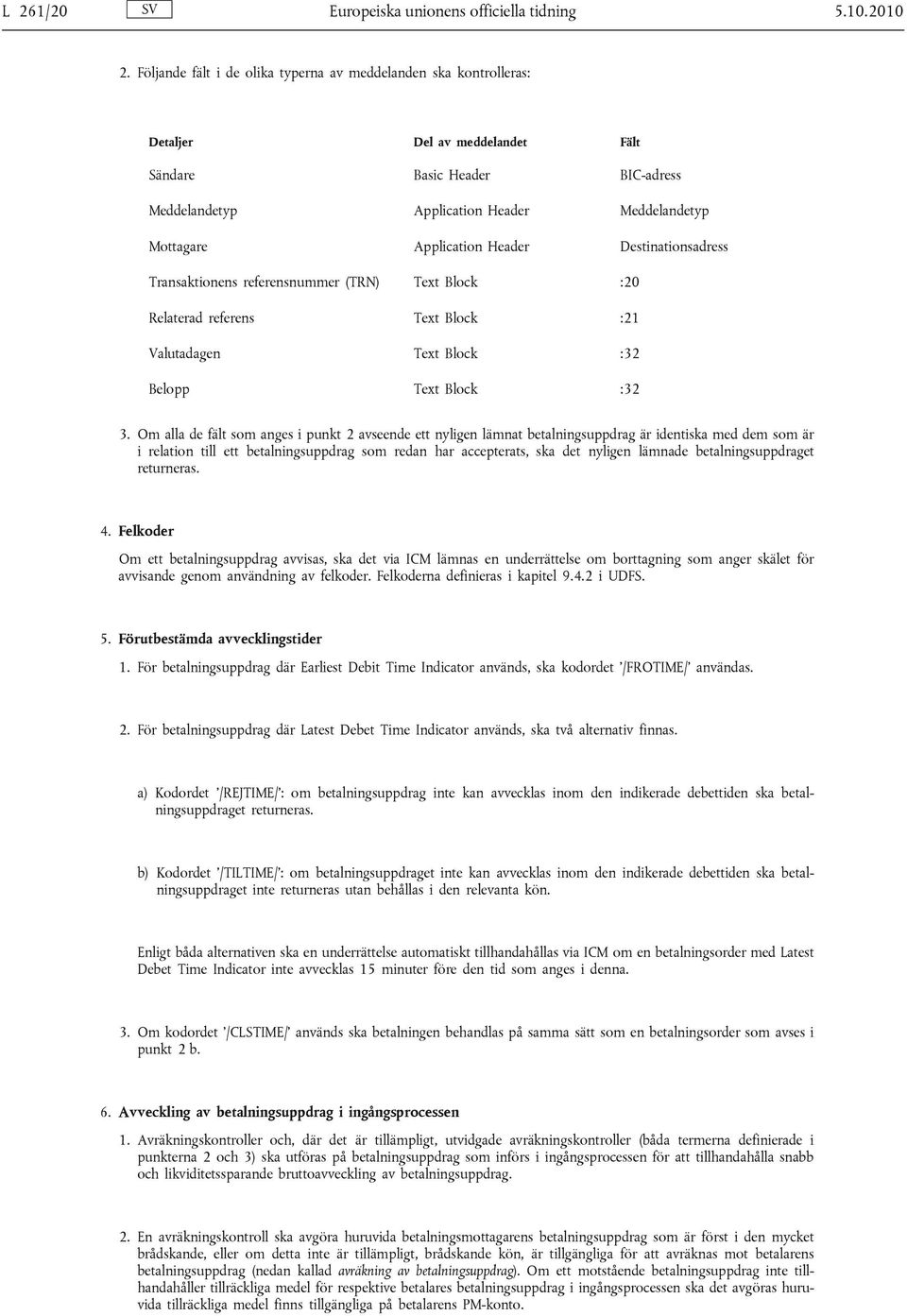 Header Destinationsadress Transaktionens referensnummer (TRN) Text Block :20 Relaterad referens Text Block :21 Valutadagen Text Block :32 Belopp Text Block :32 3.