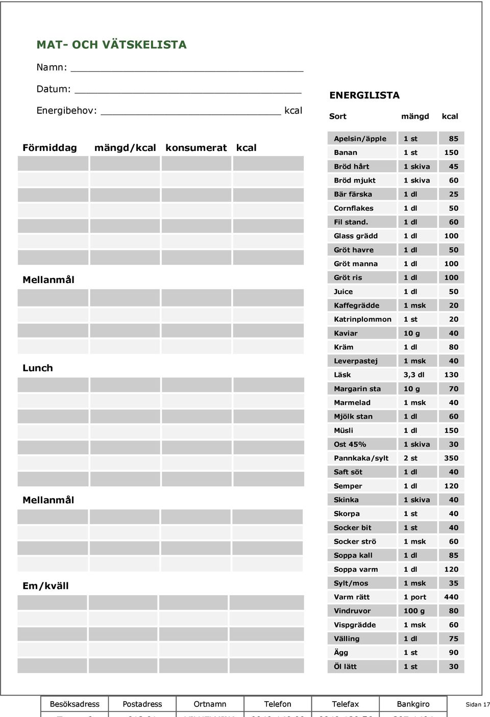 60 Glass grädd 100 Gröt havre 50 Gröt manna 100 Mellanmål Gröt ris 100 Juice 50 Kaffegrädde 1 msk 20 Katrinplommon 1 st 20 Kaviar 10 g 40 Kräm 80 Lunch Leverpastej Läsk 1 msk 3,3 dl 40 130 Margarin