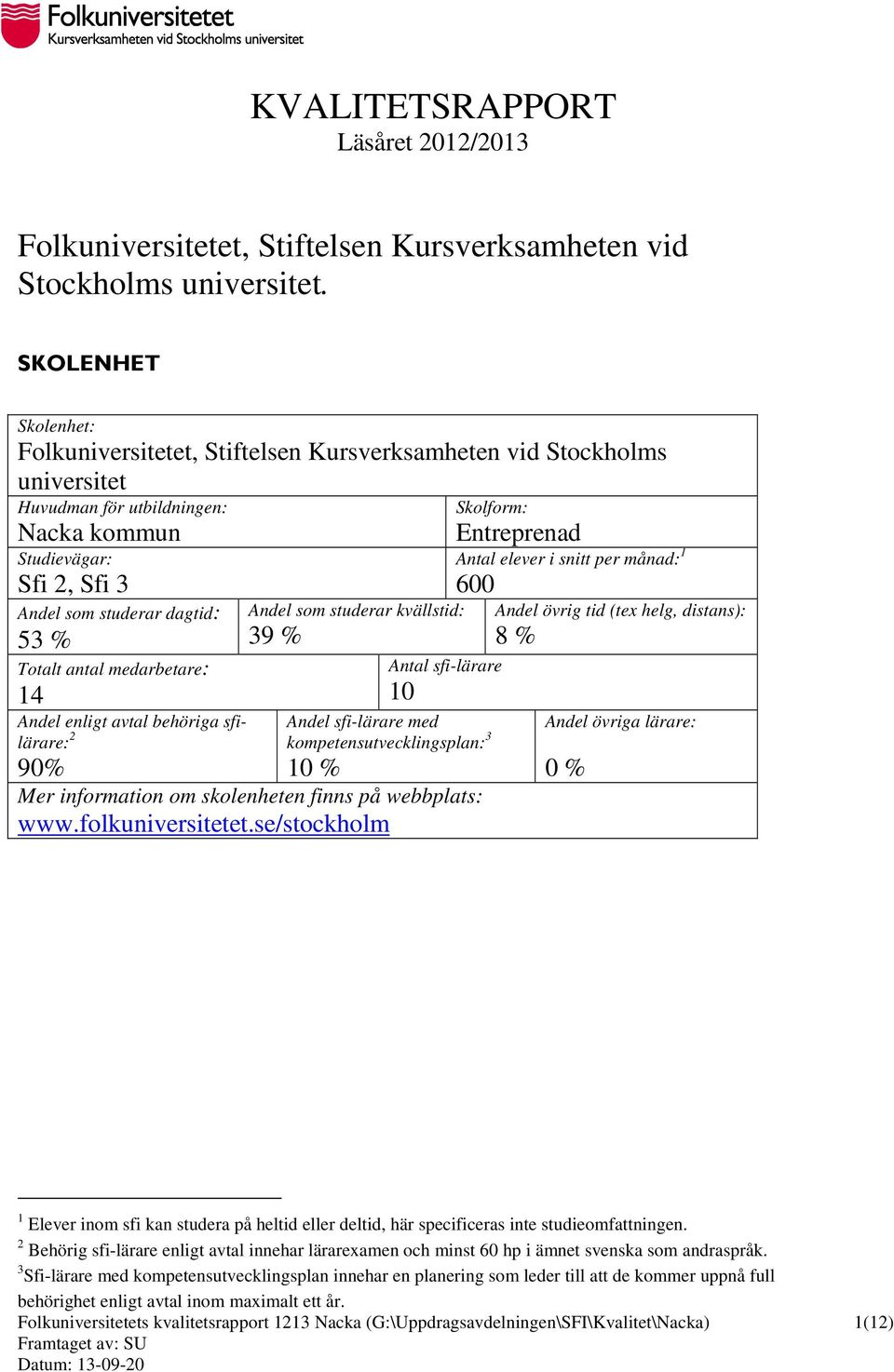 antal medarbetare: 14 Andel enligt avtal behöriga sfilärare: 2 90% Andel som studerar kvällstid: 39 % Skolform: Entreprenad Antal elever i snitt per månad: 1 600 Antal sfi-lärare 10 Andel sfi-lärare