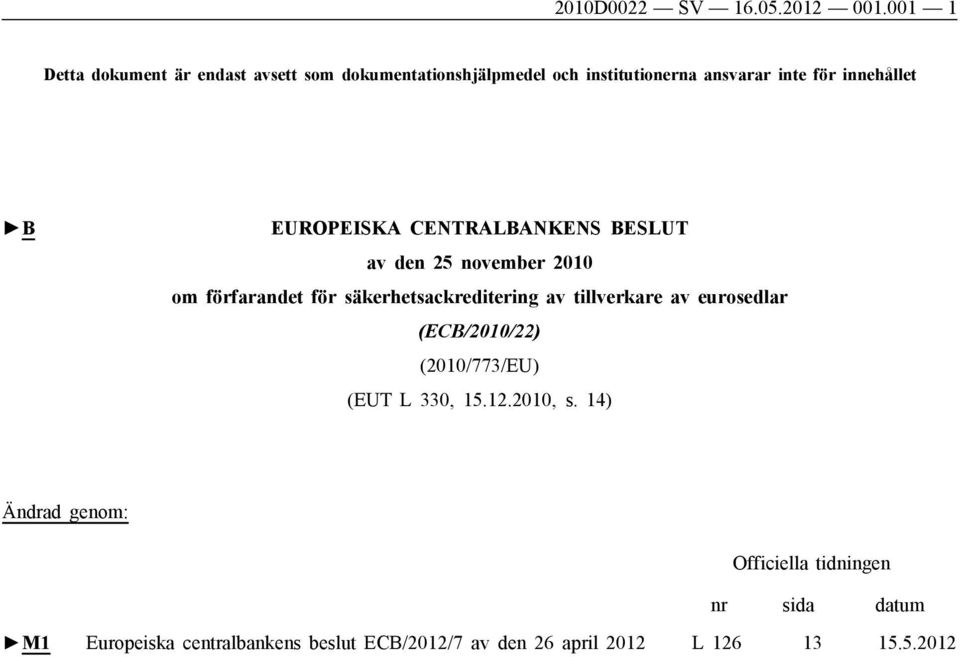 B EUROPEISKA CENTRALBANKENS BESLUT av den 25 november 2010 om förfarandet för säkerhetsackreditering av tillverkare