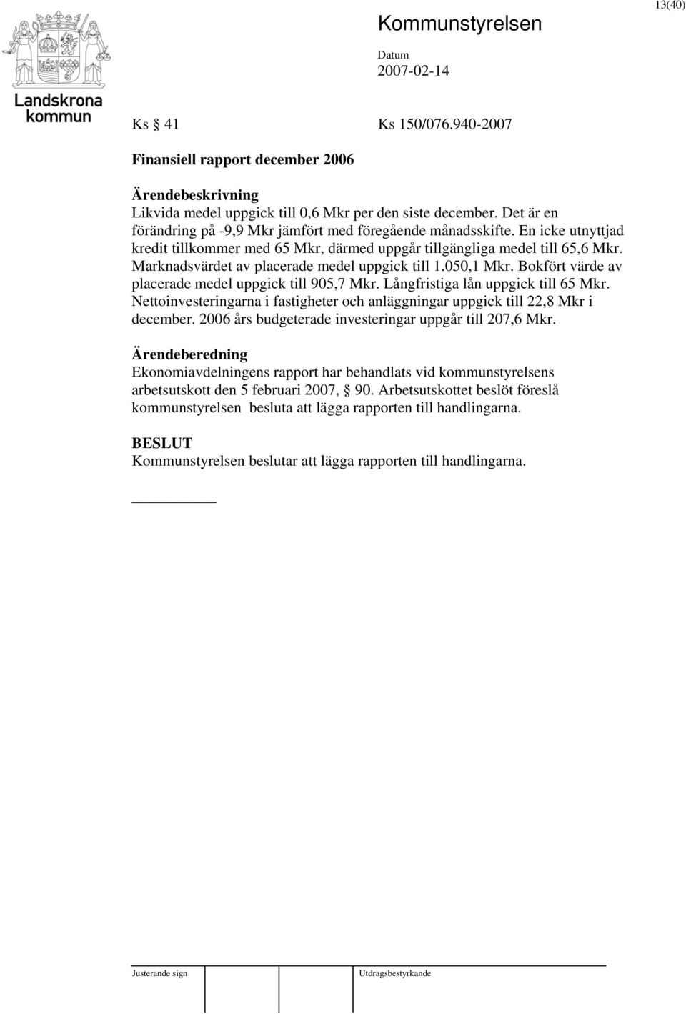 Bokfört värde av placerade medel uppgick till 905,7 Mkr. Långfristiga lån uppgick till 65 Mkr. Nettoinvesteringarna i fastigheter och anläggningar uppgick till 22,8 Mkr i december.