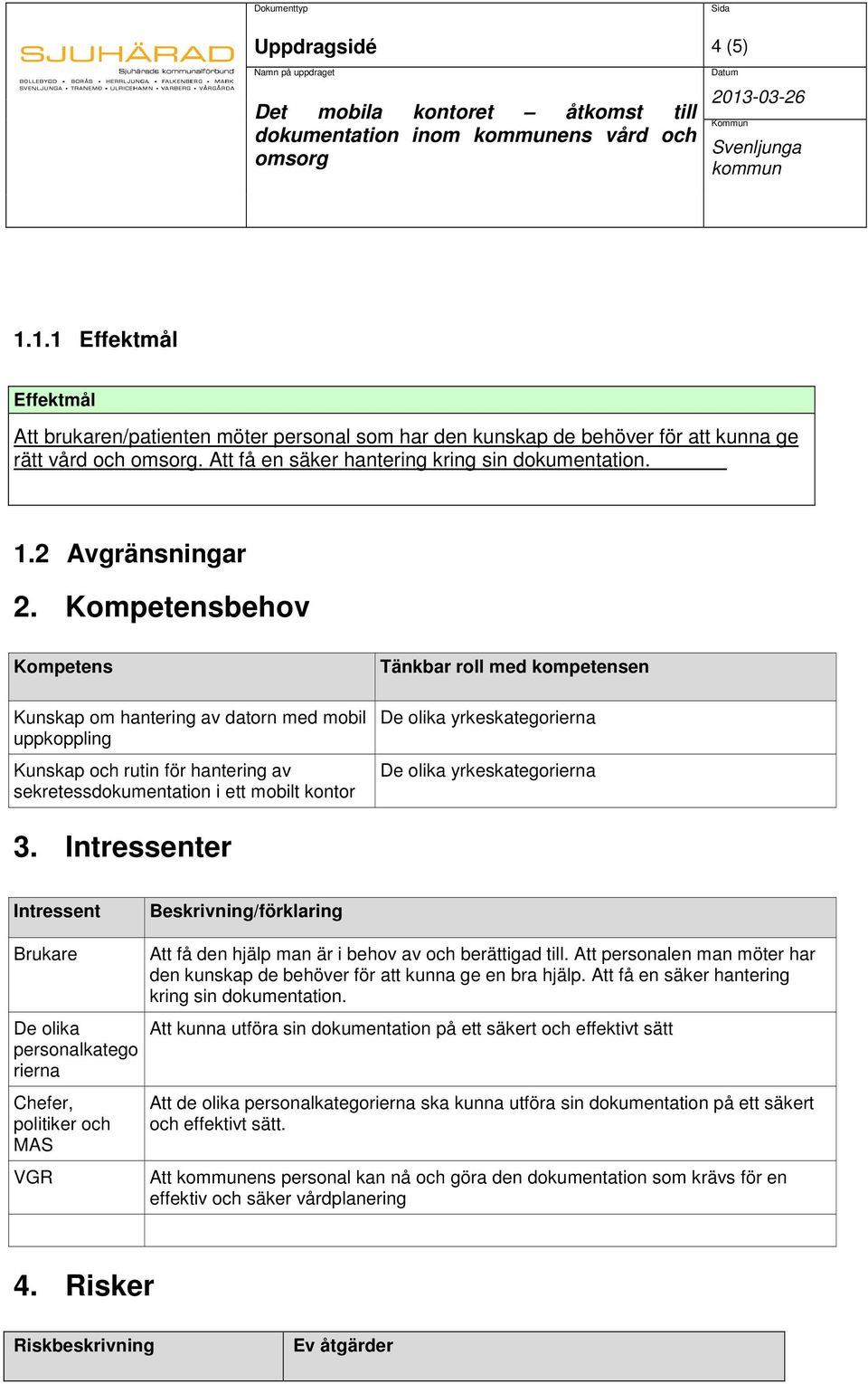 Kompetensbehov Kompetens Kunskap om hantering av datorn med mobil uppkoppling Kunskap och rutin för hantering av sekretessdokumentation i ett mobilt kontor Tänkbar roll med kompetensen De olika