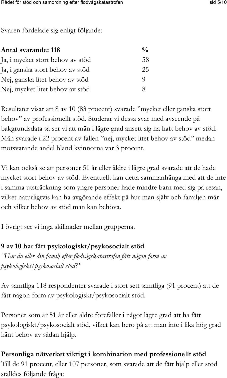 Studerar vi dessa svar med avseende på bakgrundsdata så ser vi att män i lägre grad ansett sig ha haft behov av stöd.