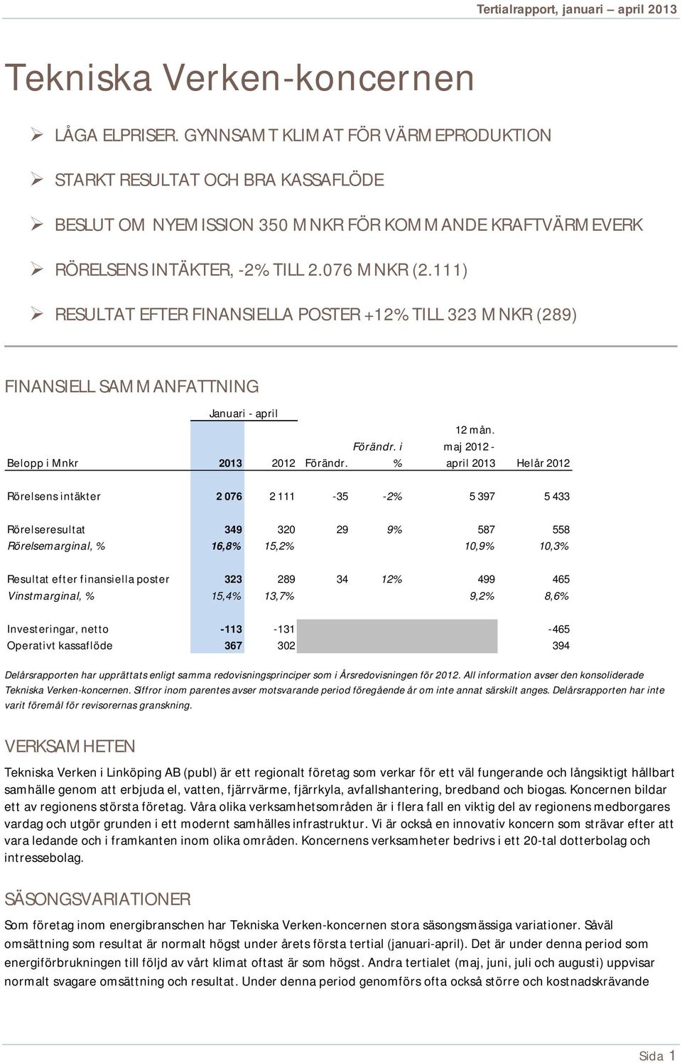 111) RESULTAT EFTER FINANSIELLA POSTER +12% TILL 323 MNKR (289) FINANSIELL SAMMANFATTNING Januari - april Belopp i Mnkr 2013 2012 Förändr. Förändr. i % 12 mån.