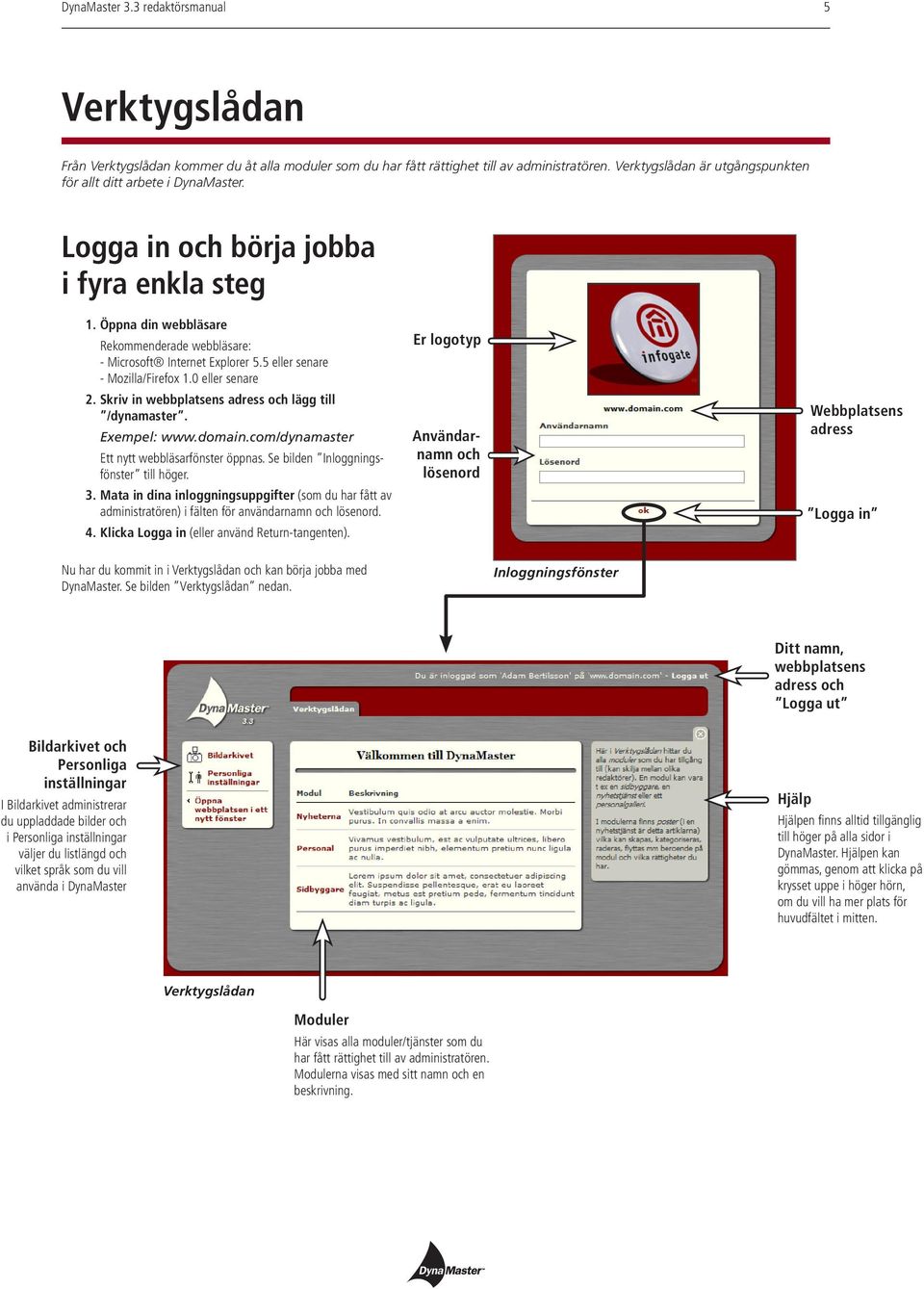 Skriv in webbplatsens adress och lägg till /dynamaster. Exempel: www.domain.com/dynamaster Ett nytt webbläsarfönster öppnas. Se bilden Inloggningsfönster till höger. 3.