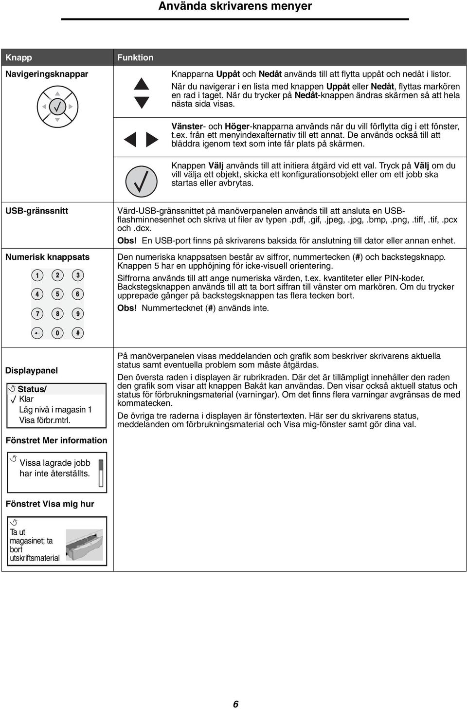 Vänster- och Höger-knapparna används när du vill förflytta dig i ett fönster, t.ex. från ett menyindexalternativ till ett annat.