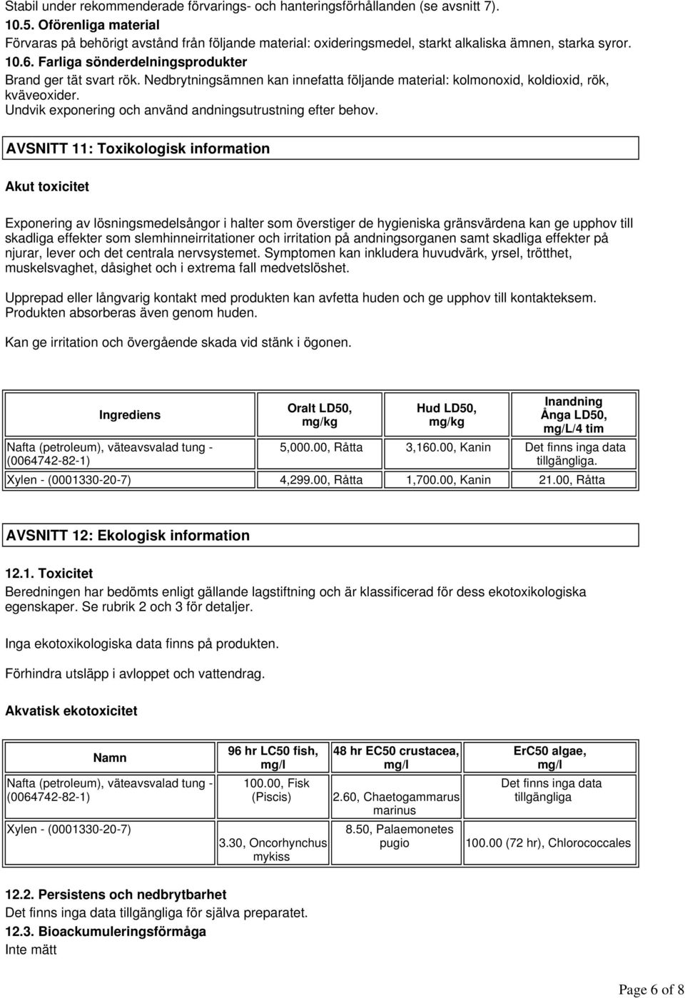 Nedbrytningsämnen kan innefatta följande material: kolmonoxid, koldioxid, rök, kväveoxider. Undvik exponering och använd andningsutrustning efter behov.