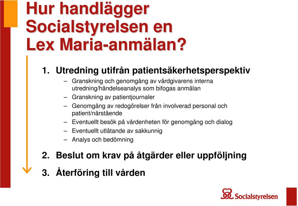 bifogas anmälan Granskning av patientjournaler Genomgång av redogörelser från involverad personal och patient/närstående