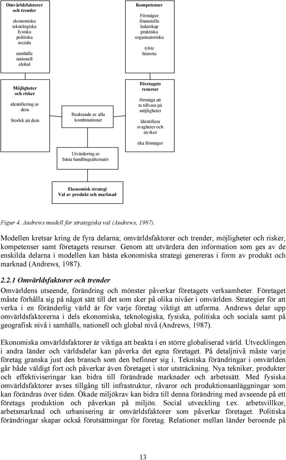 Identifiera svagheter och styrkor öka förmågor Ekonomisk strategi Val av produkt och marknad Figur 4. Andrews modell för strategiska val (Andrews, 1987).