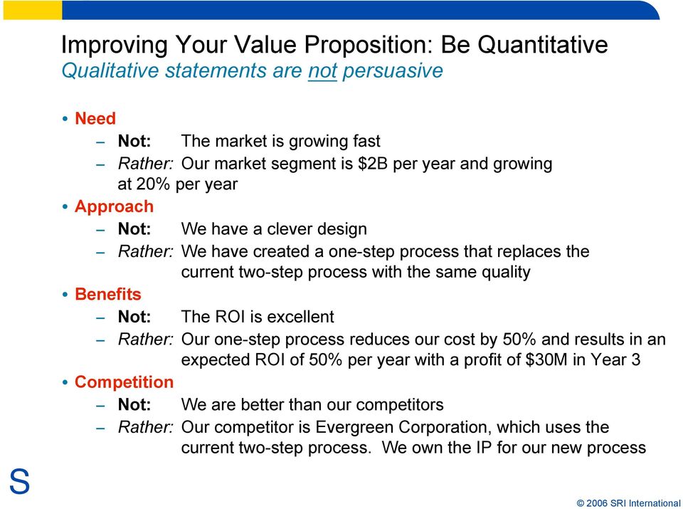 quality Benefits Not: The ROI is excellent Rather: Our one-step process reduces our cost by 50% and results in an expected ROI of 50% per year with a profit of $30M in