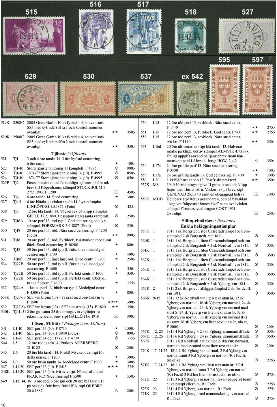 3 öre hyfsad centrering, 6 öre sned. é 400:- 522 Tj1-10 Stora tjänste tandning 14 komplett. F 4995 900:- 523 Tj1-10 1874-77 Stora tjänste tandning 14 (10).