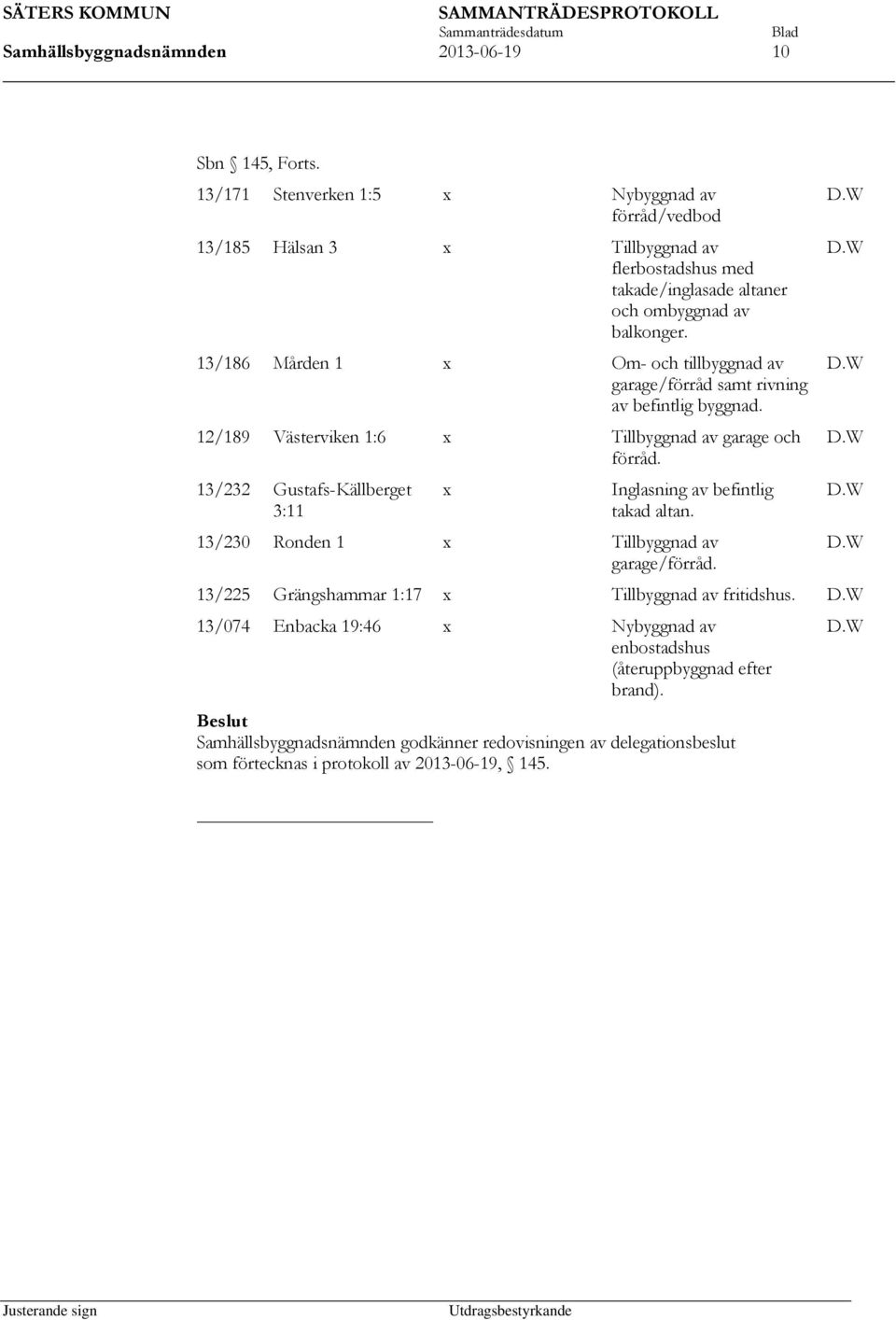 13/186 Mården 1 x Om- och tillbyggnad av garage/förråd samt rivning av befintlig byggnad. 12/189 Västerviken 1:6 x Tillbyggnad av garage och förråd.