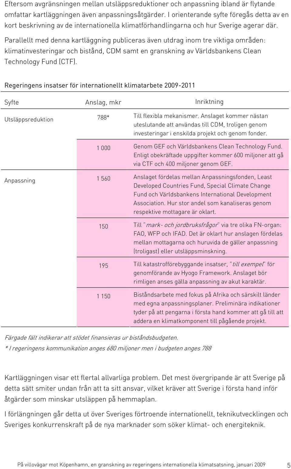 Parallellt med denna kartläggning publiceras även utdrag inom tre viktiga områden: klimatinvesteringar och bistånd, CDM samt en granskning av Världsbankens Clean Technology Fund (CTF).