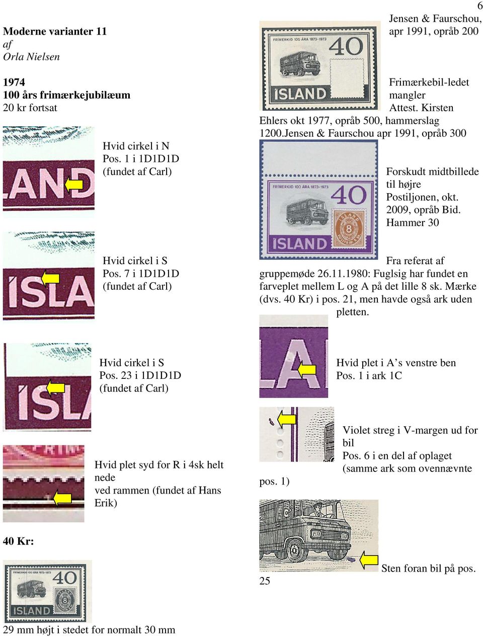 Jensen & Faurschou apr 1991, opråb 300 Forskudt midtbillede til højre Postiljonen, okt. 2009, opråb Bid. Hammer 30 Hvid cirkel i S Pos. 7 i 1D1D1D (fundet af Carl) Fra referat af gruppemøde 26.11.