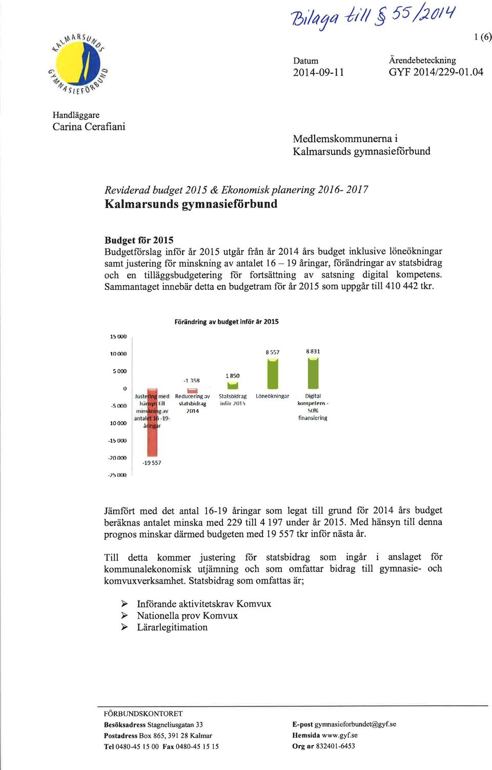 från är 214 års budget inklusive löneökningar samt justering für minskning av antalet 16-19 åringar, fürändringar av statsbidrag och en tilläggsbudgetering ftir fortsättning av satsning digital