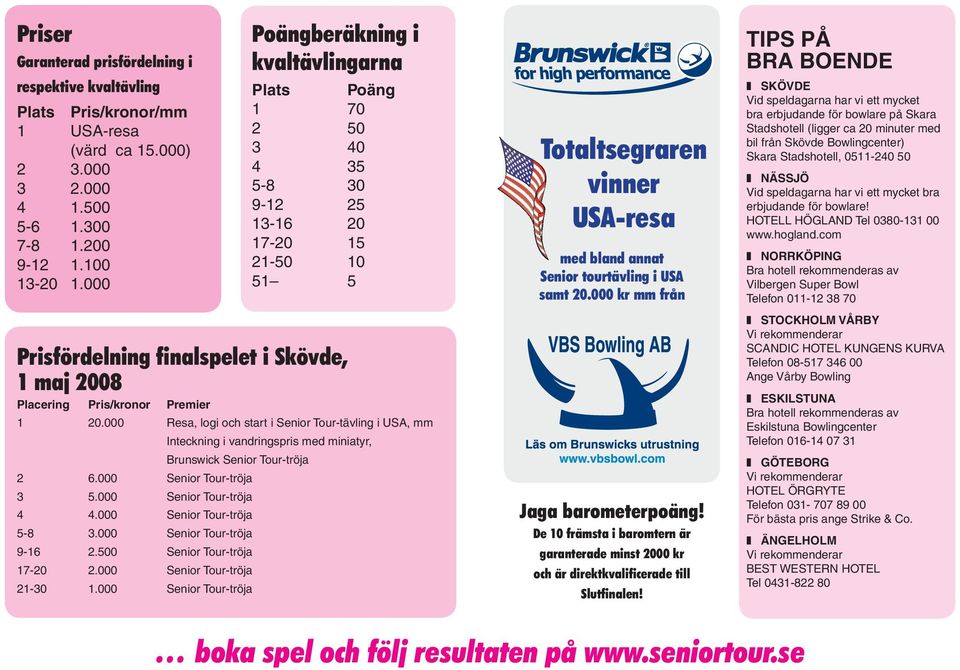 000 Resa, logi och start i Senior Tour-tävling i USA, mm Inteckning i vandringspris med miniatyr, Brunswick Senior Tour-tröja 2 6.000 Senior Tour-tröja 3 5.000 Senior Tour-tröja 4 4.