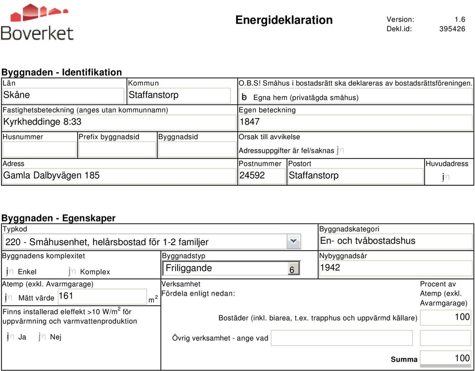 Staffanstorp Huvudadress i Byggnaden - Egenskaper Typkod 220 - Småhusenhet, helårsbostad för 1-2 familjer Byggnadens komplexitet i Enkel Komplex Atemp (exkl.