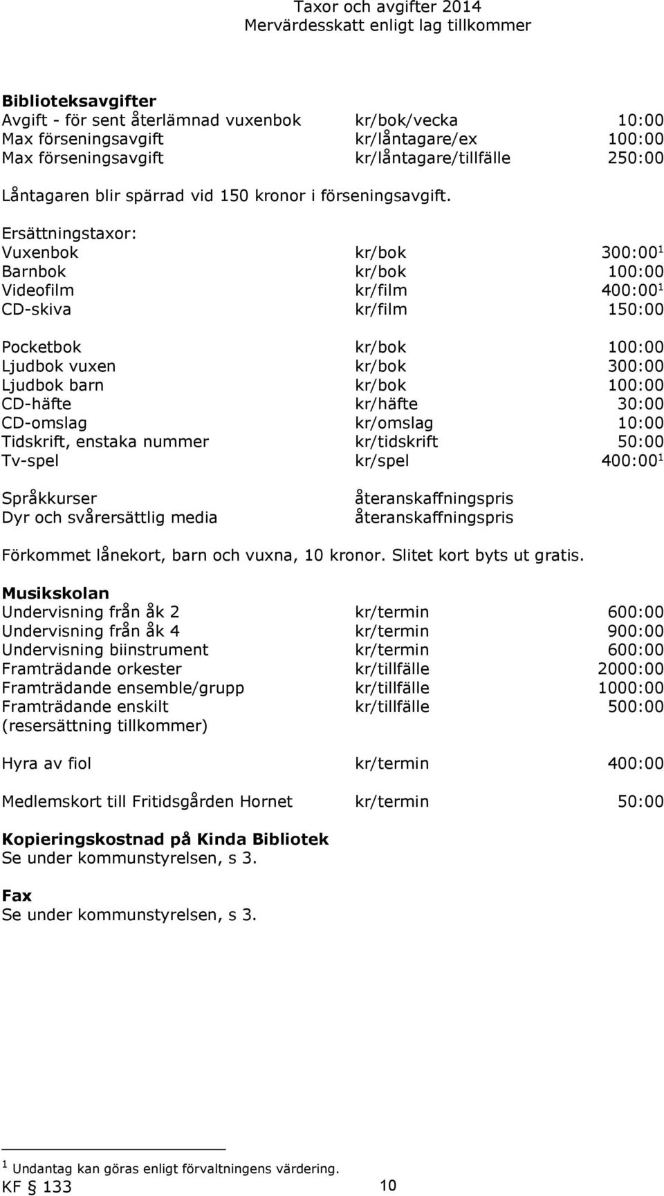 Ersättningstaxor: Vuxenbok kr/bok 300:00 1 Barnbok kr/bok 100:00 Videofilm kr/film 400:00 1 CD-skiva kr/film 150:00 Pocketbok kr/bok 100:00 Ljudbok vuxen kr/bok 300:00 Ljudbok barn kr/bok 100:00