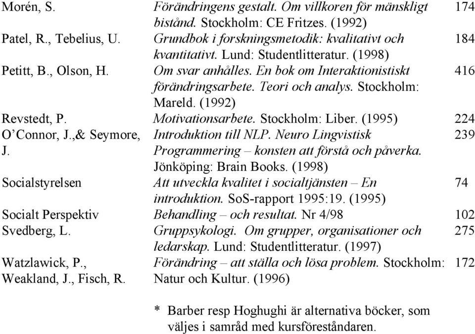 Stockholm: Liber. (1995) 224 O Connor, J.,& Seymore, Introduktion till NLP. Neuro Lingvistisk 239 J. Programmering konsten att förstå och påverka. Jönköping: Brain Books.