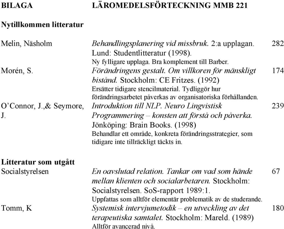 (1992) Ersätter tidigare stencilmaterial. Tydliggör hur förändringsarbetet påverkas av organisatoriska förhållanden. Introduktion till NLP.