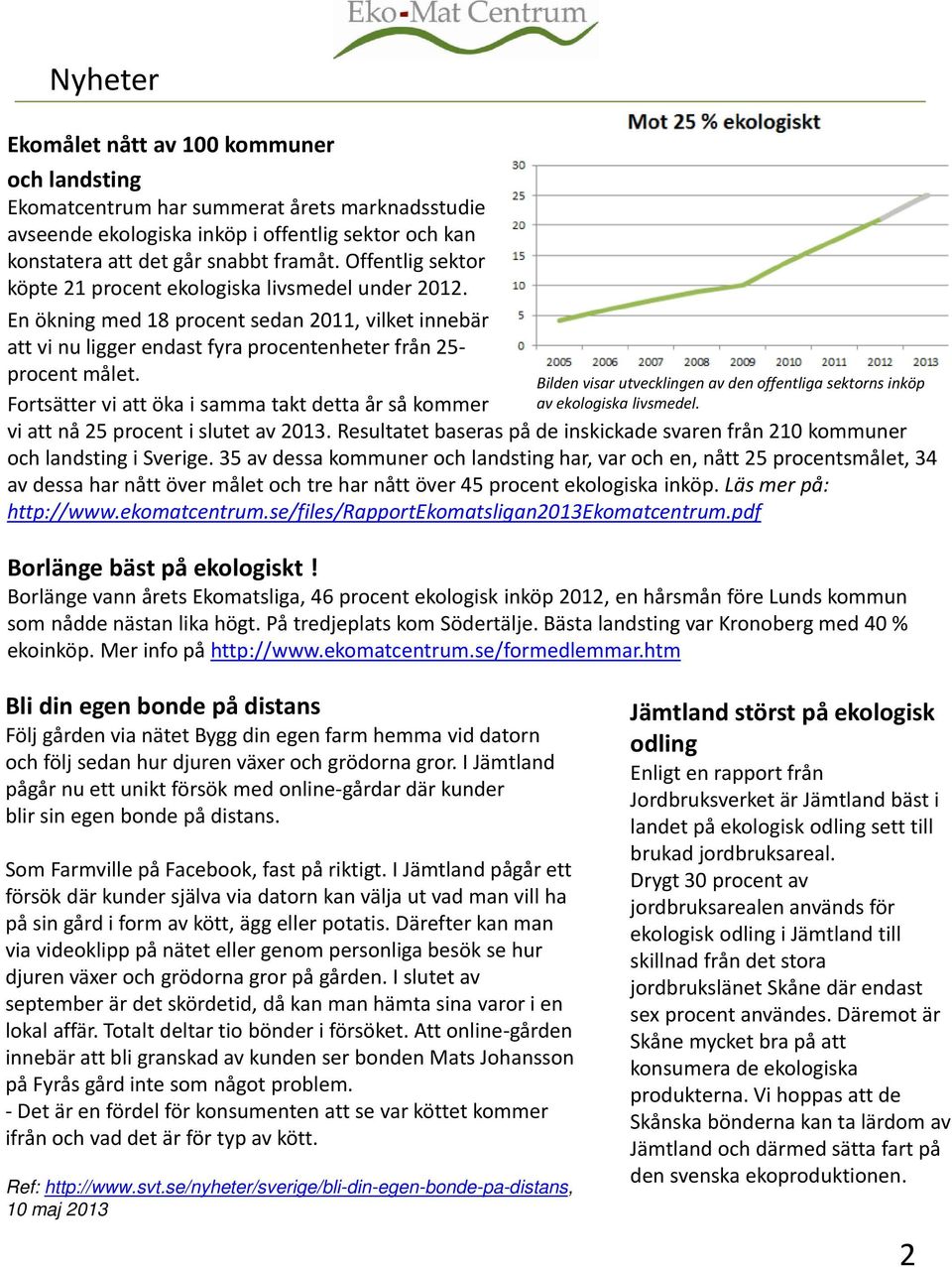 Bilden visar utvecklingen av den offentliga sektorns inköp av ekologiska livsmedel. Fortsätter vi att öka i samma takt detta år så kommer vi att nå 25 procent i slutet av 2013.