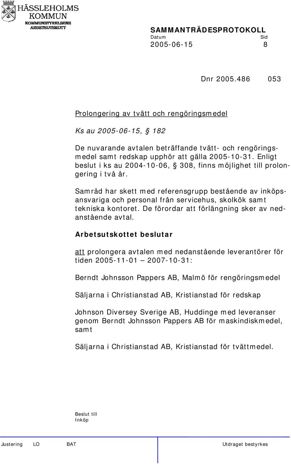 Samråd har skett med referensgrupp bestående av inköpsansvariga och personal från servicehus, skolkök samt tekniska kontoret. De förordar att förlängning sker av nedanstående avtal.