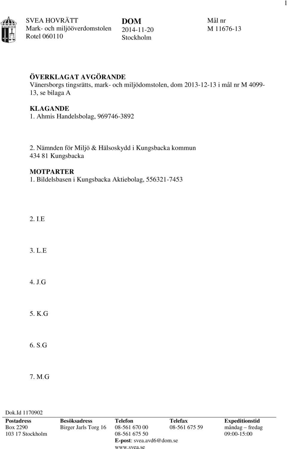 Nämnden för Miljö & Hälsoskydd i Kungsbacka kommun 434 81 Kungsbacka MOTPARTER 1. Bildelsbasen i Kungsbacka Aktiebolag, 556321-7453 2. I.E 3. L.E 4. J.G 5. K.G 6.