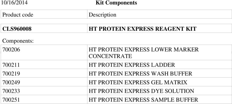 PROTEIN EXPRESS LADDER 700219 HT PROTEIN EXPRESS WASH BUFFER 700249 HT PROTEIN