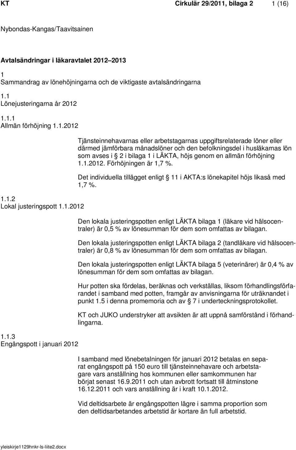 eller därmed jämförbara månadslöner och den befolkningsdel i husläkarnas lön som avses i 2 i bilaga 1 i LÄKTA, höjs genom en allmän förhöjning 1.1.2012. Förhöjningen är 1,7 %.