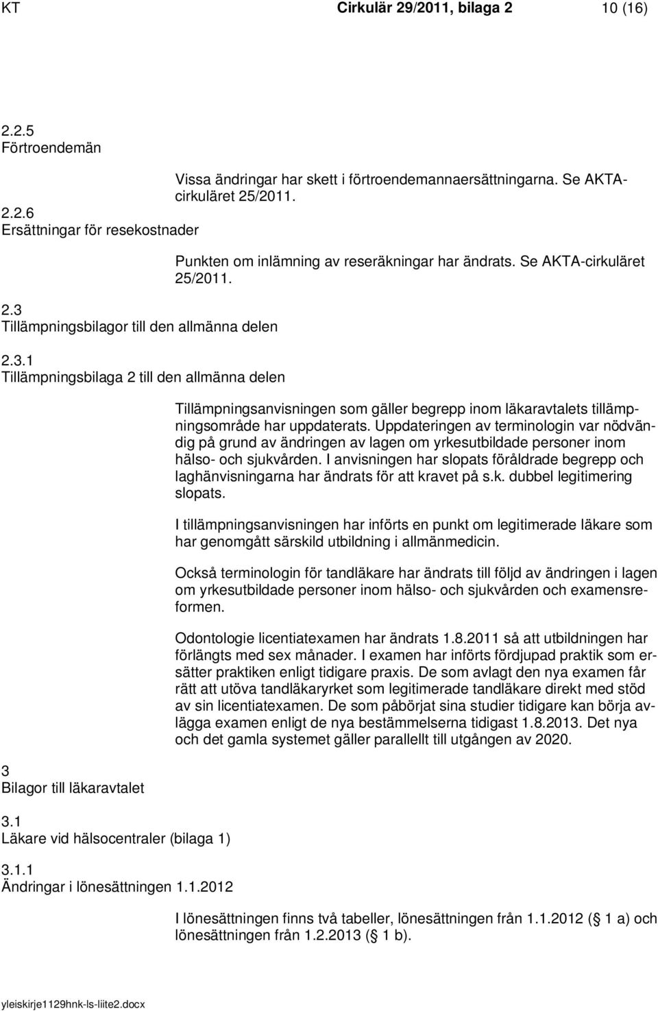 1.2012 Punkten om inlämning av reseräkningar har ändrats. Se AKTA-cirkuläret 25/2011. Tillämpningsanvisningen som gäller begrepp inom läkaravtalets tillämpningsområde har uppdaterats.