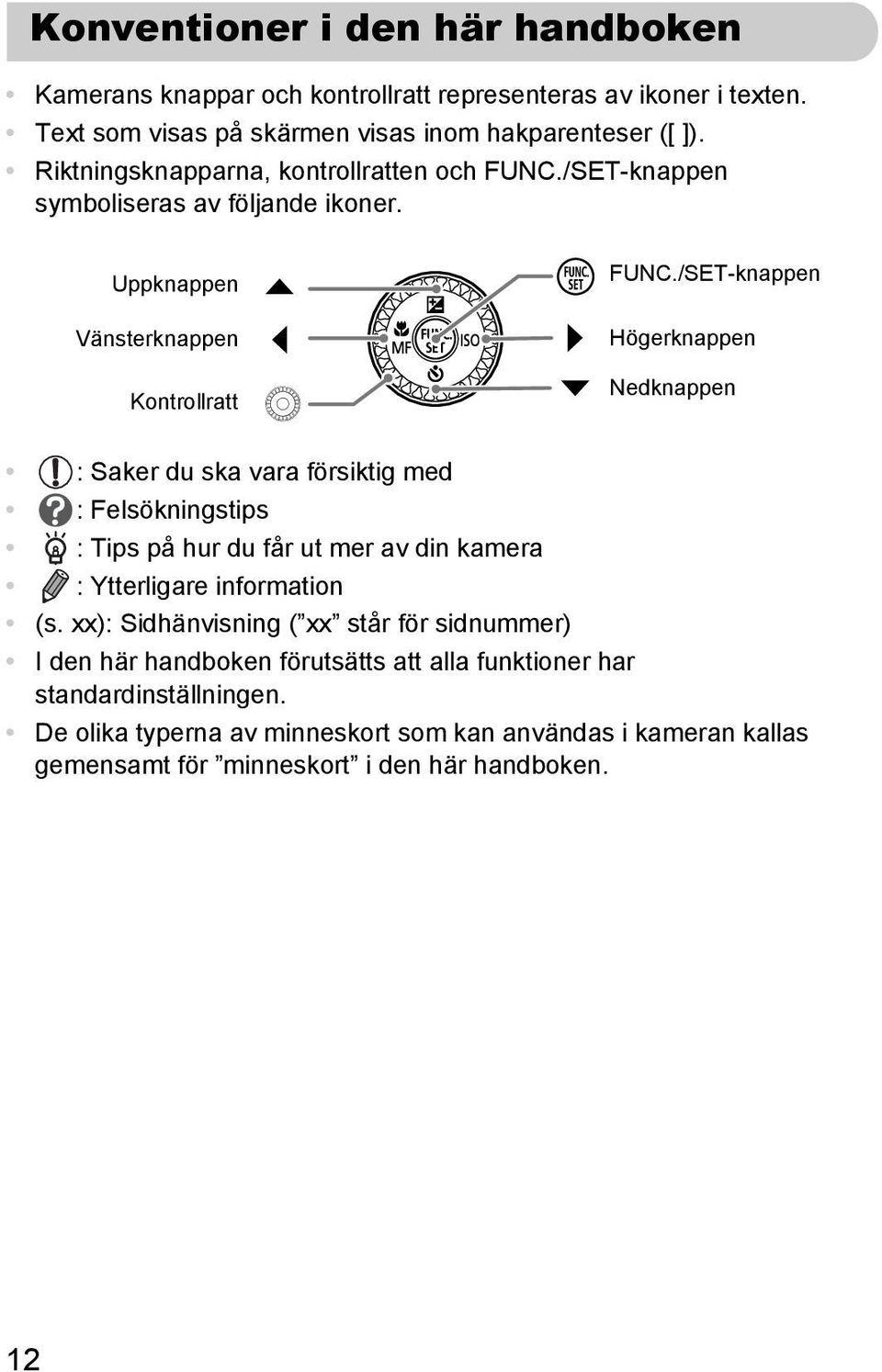 /SET-knappen Högerknappen Nedknappen : Saker du ska vara försiktig med : Felsökningstips : Tips på hur du får ut mer av din kamera : Ytterligare information (s.