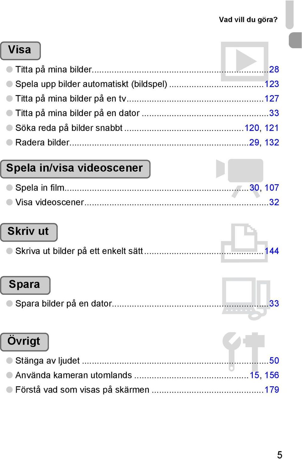 ..29, 132 Spela in/visa videoscener E Spela in film...30, 107 Visa videoscener.