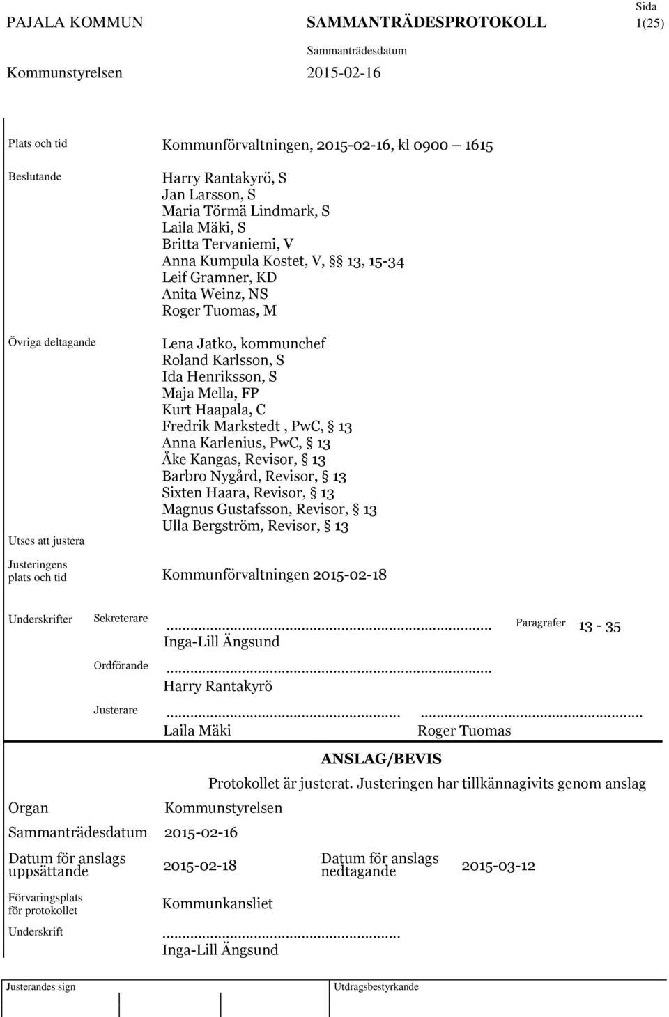 Haapala, C Fredrik Markstedt, PwC, 13 Anna Karlenius, PwC, 13 Åke Kangas, Revisor, 13 Barbro Nygård, Revisor, 13 Sixten Haara, Revisor, 13 Magnus Gustafsson, Revisor, 13 Ulla Bergström, Revisor, 13