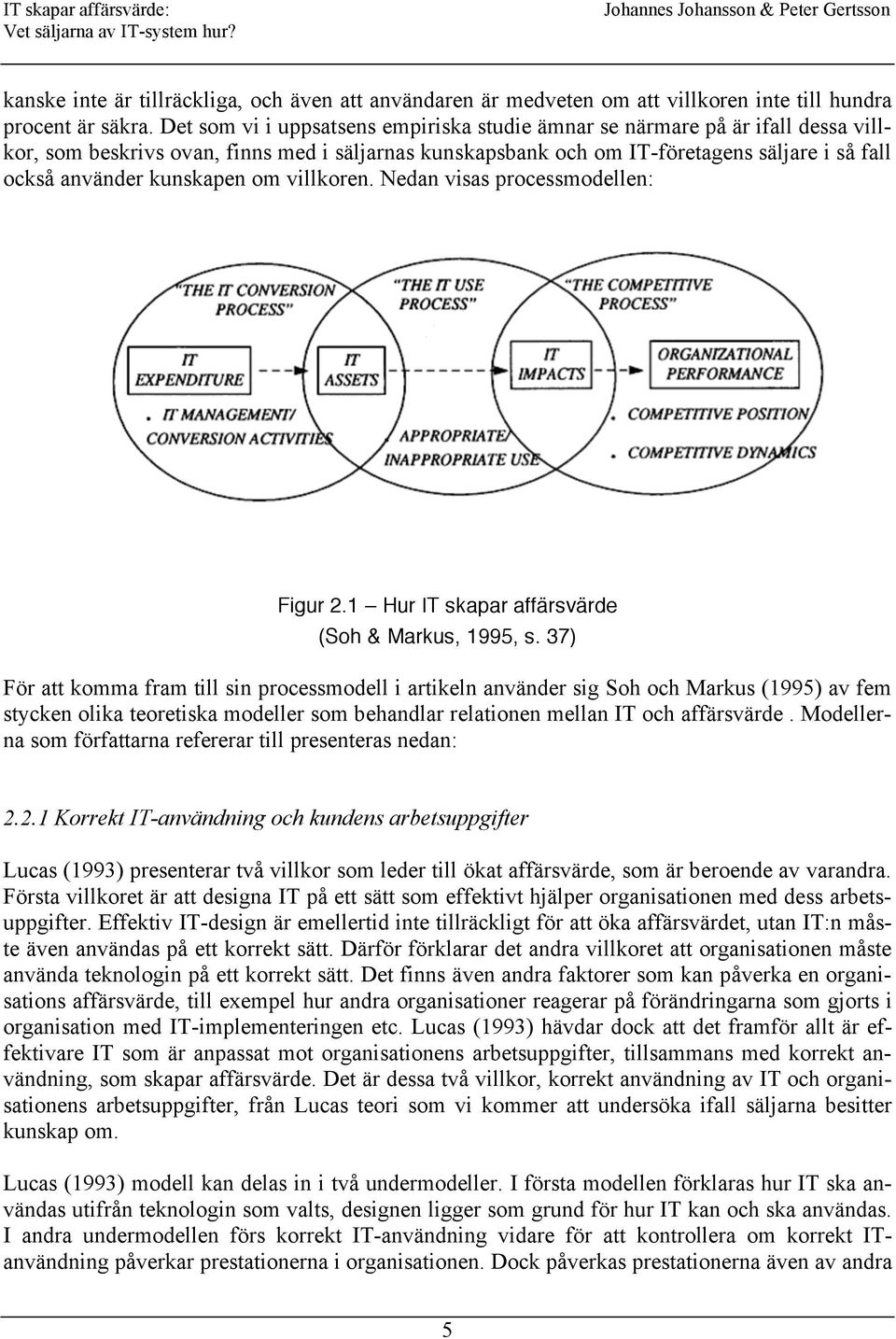 kunskapen om villkoren. Nedan visas processmodellen: Figur 2.1 Hur IT skapar affärsvärde (Soh & Markus, 1995, s.