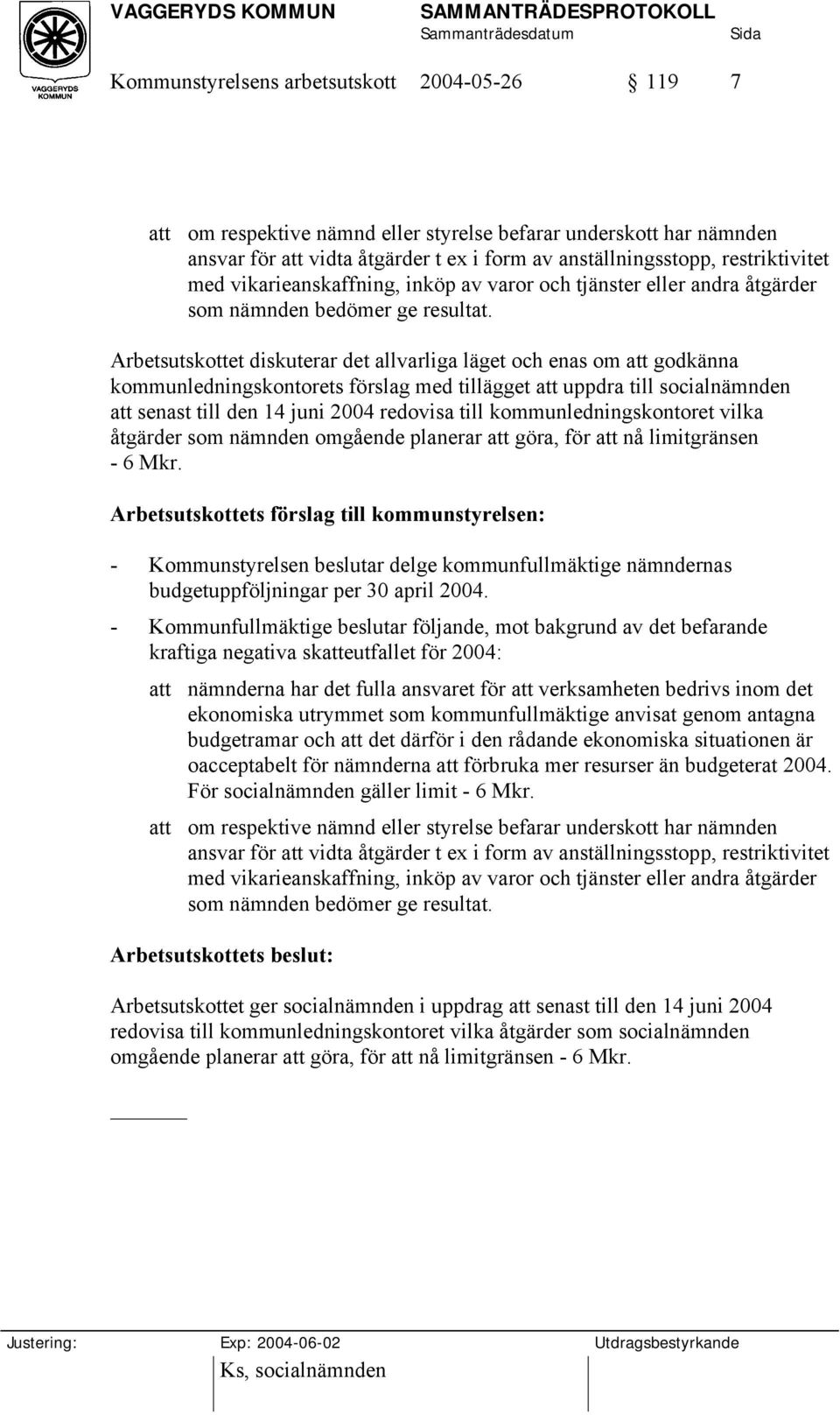 Arbetsutskottet diskuterar det allvarliga läget och enas om att godkänna kommunledningskontorets förslag med tillägget att uppdra till socialnämnden att senast till den 14 juni 2004 redovisa till