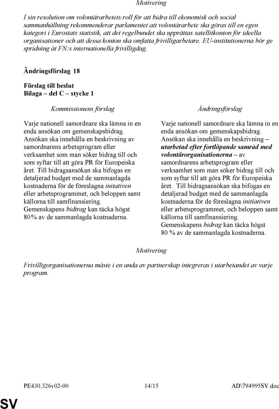 EU-institutionerna bör ge spridning åt FN:s internationella frivilligdag. 18 Bilaga del C stycke 1 Varje nationell samordnare ska lämna in en enda ansökan om gemenskapsbidrag.