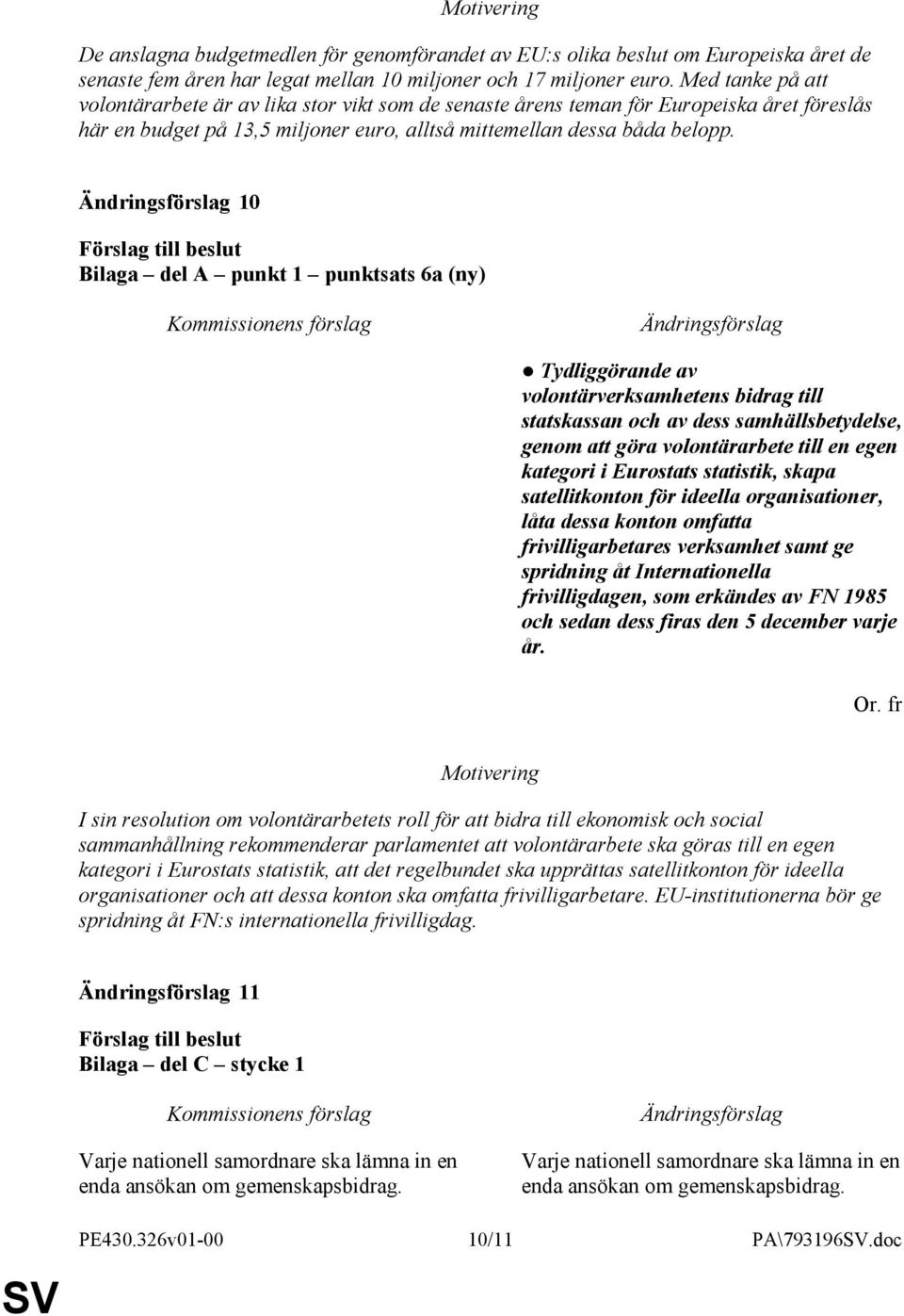 10 Bilaga del A punkt 1 punktsats 6a (ny) Tydliggörande av volontärverksamhetens bidrag till statskassan och av dess samhällsbetydelse, genom att göra volontärarbete till en egen kategori i Eurostats