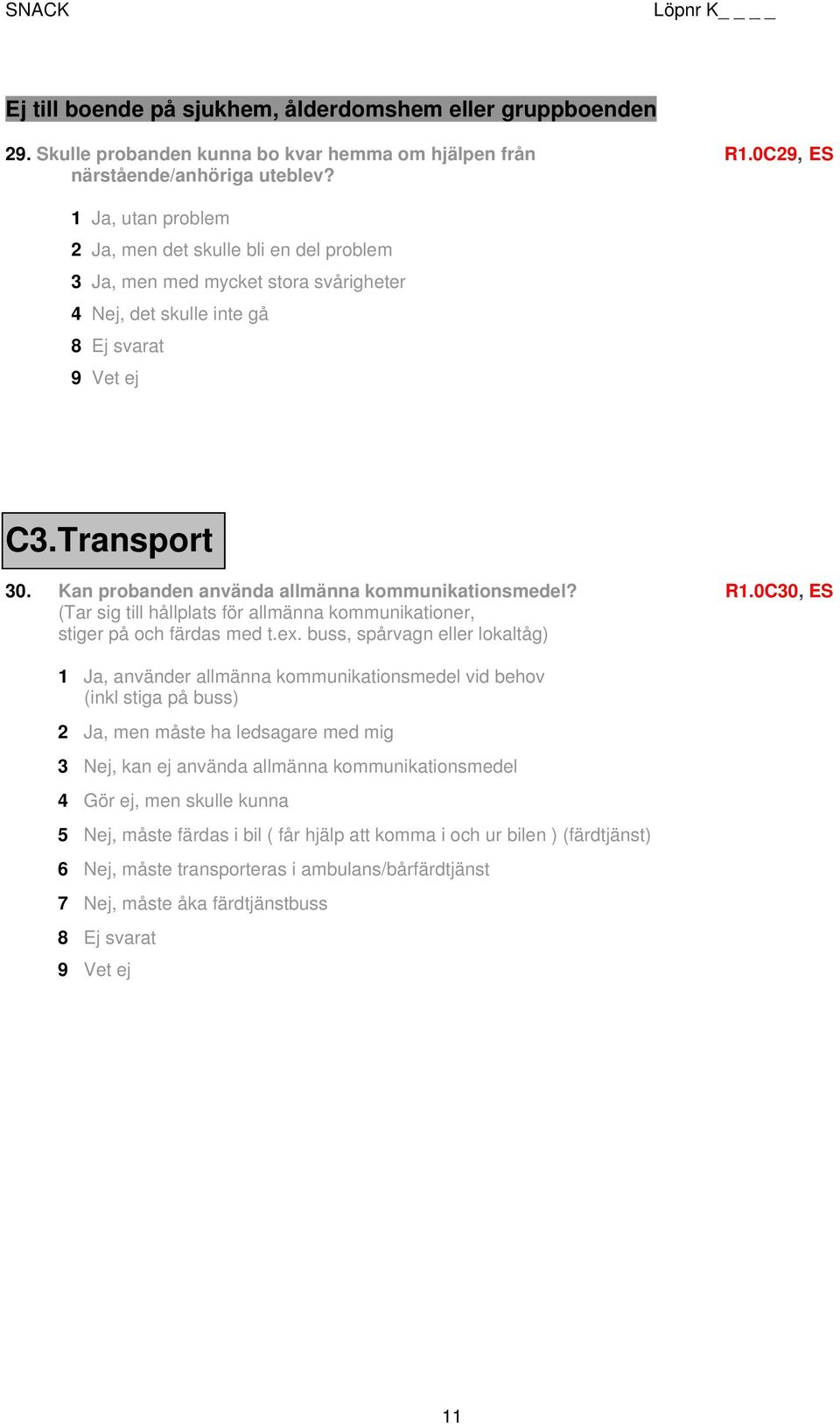 Kan probanden använda allmänna kommunikationsmedel? R1.0C30, ES (Tar sig till hållplats för allmänna kommunikationer, stiger på och färdas med t.ex.