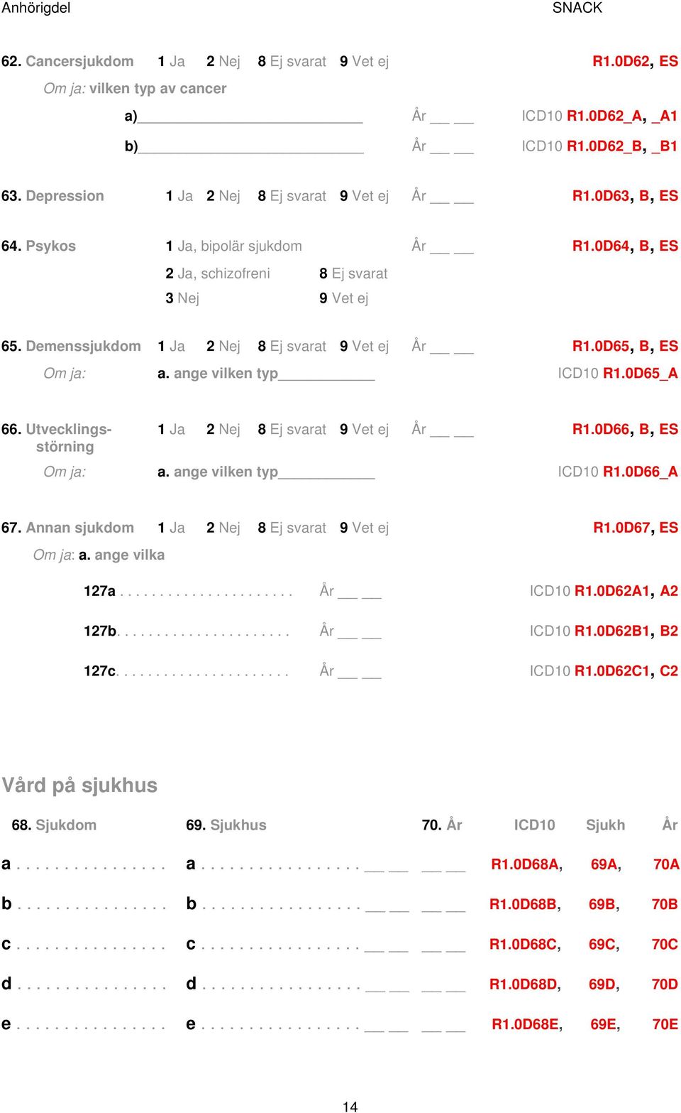 Utvecklings- 1 Ja 2 Nej År R1.0D66, B, ES störning Om ja: a. ange vilken typ ICD10 R1.0D66_A 67. Annan sjukdom 1 Ja 2 Nej R1.0D67, ES Om ja: a. ange vilka 127a...................... År ICD10 R1.