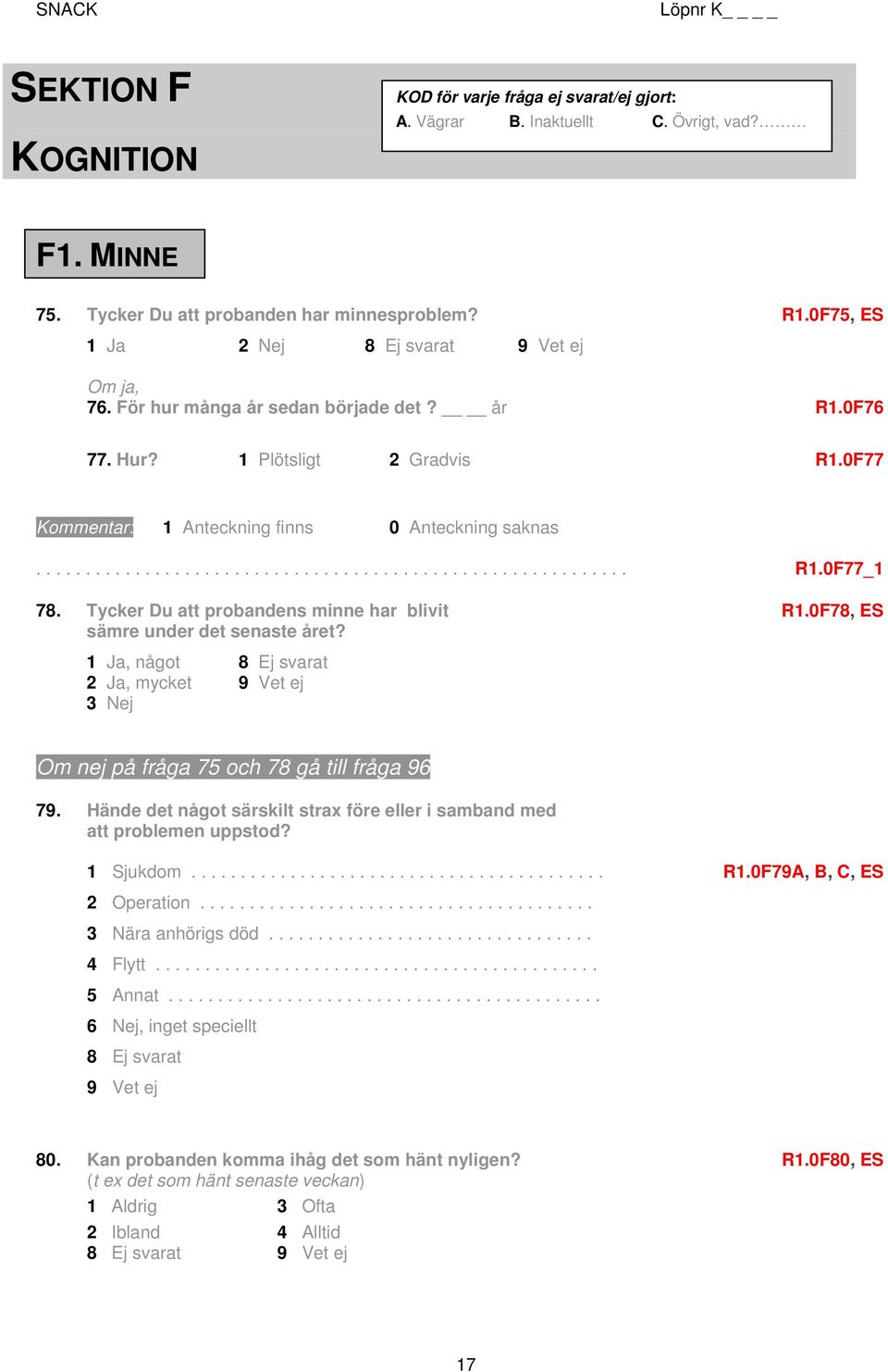 Tycker Du att probandens minne har blivit R1.0F78, ES sämre under det senaste året? 1 Ja, något 8 Ej svarat 2 Ja, mycket 9 Vet ej 3 Nej Om nej på fråga 75 och 78 gå till fråga 96 79.